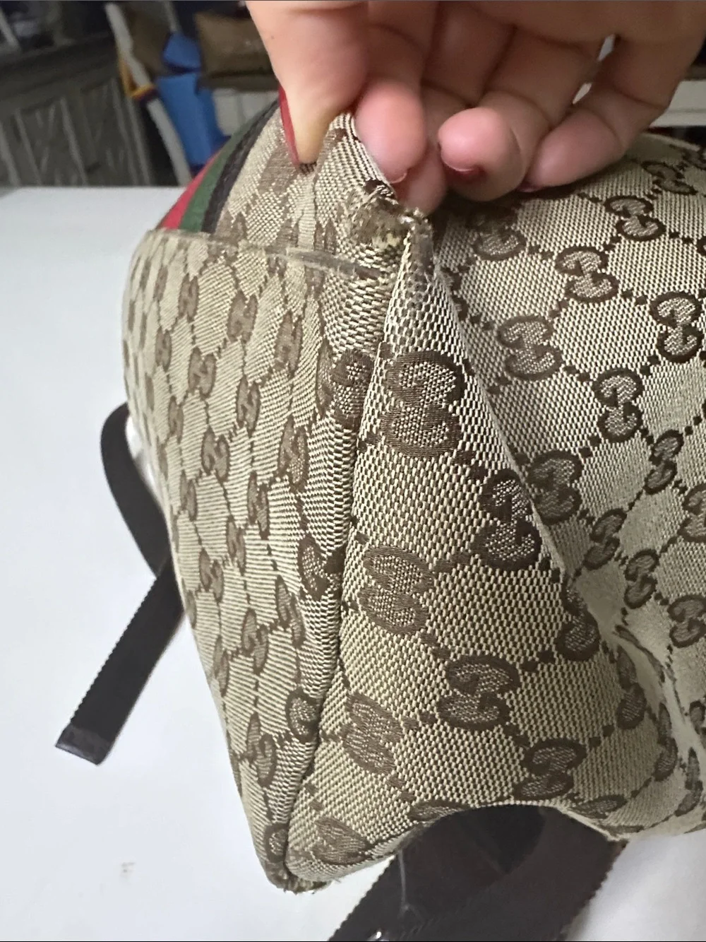 Gucci Brown GG Canvas Backpack with Red & Green Web Stripe
